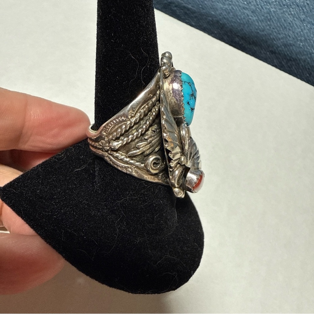 Native American Vintage sterling silver Ring with Turquoise Coral Rare Artistry - Picture 5 of 6